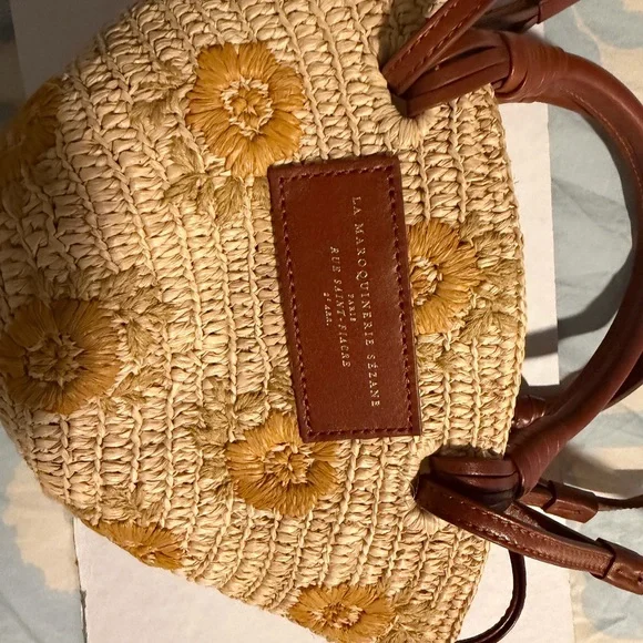 Sézane Justine Mini Basket embroidered Flowers Tan and Yellow straw bag perfect - Picture 2 of 5